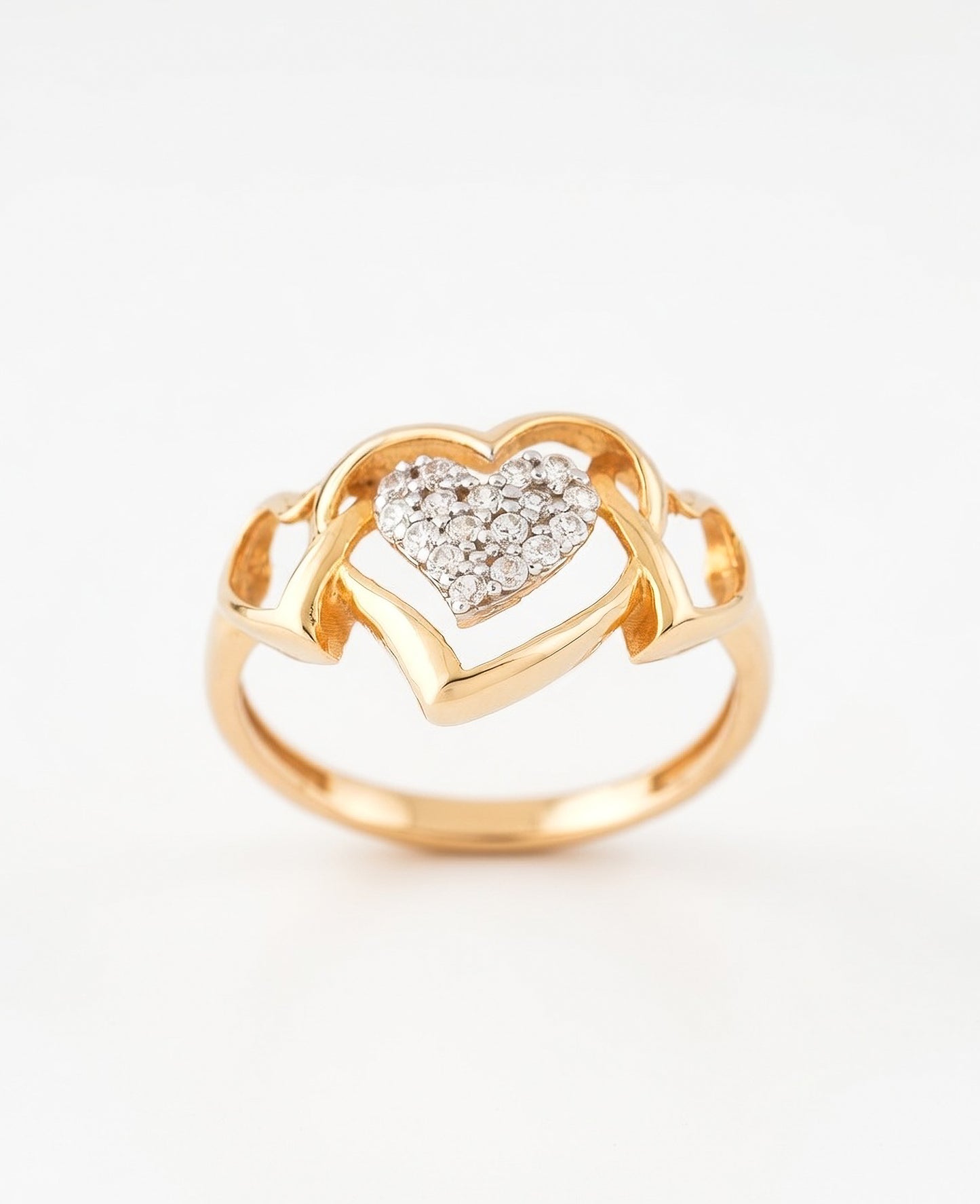 18K Gold Plated Triple Heart CZ Cluster Ring | Cubic Zirconia Romantic Statement Ring