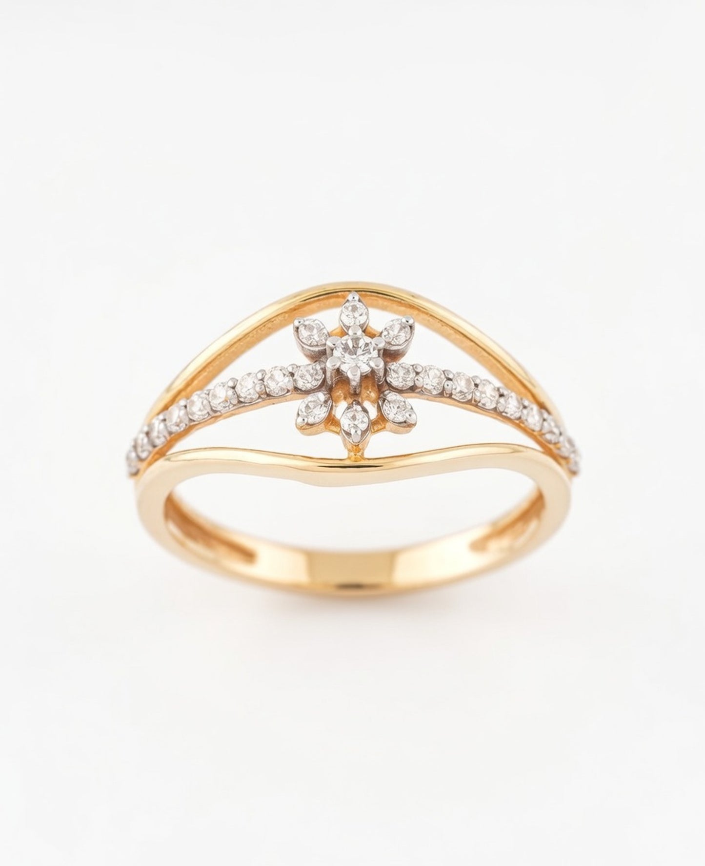 18K Gold Plated Floral Starburst Ring | Cubic Zirconia Curved Bypass Statement Ring