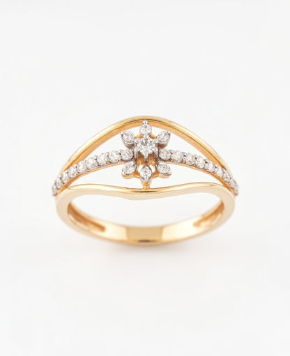 18K Gold Plated Floral Starburst Ring | Cubic Zirconia Curved Bypass Statement Ring
