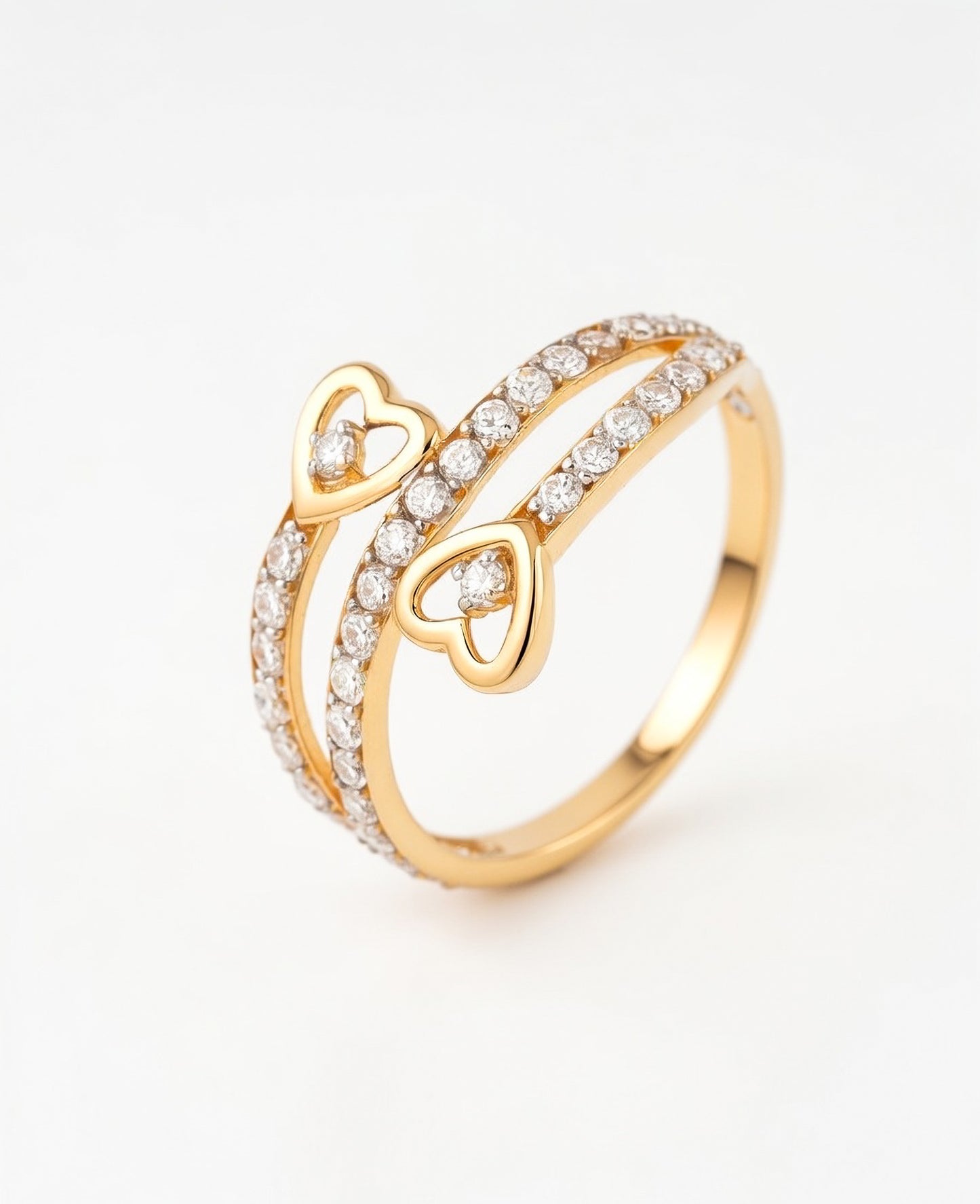 18Kt Gold Plated Twin Heart CZ Ring | Cubic Zirconia Double-Band Statement Ring