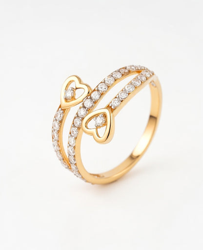 18Kt Gold Plated Twin Heart CZ Ring | Cubic Zirconia Double-Band Statement Ring