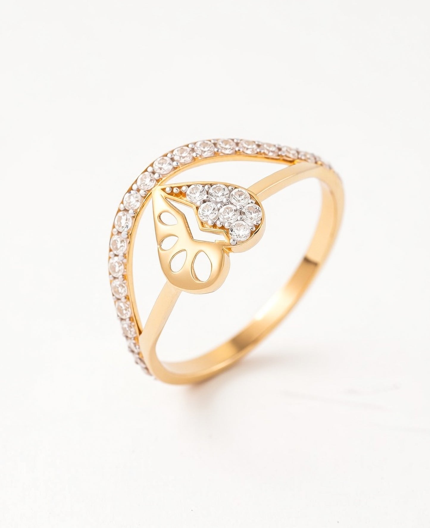 18Kt Gold Plated Split Leaf CZ Ring | Cubic Zirconia Graceful Curved Statement Ring