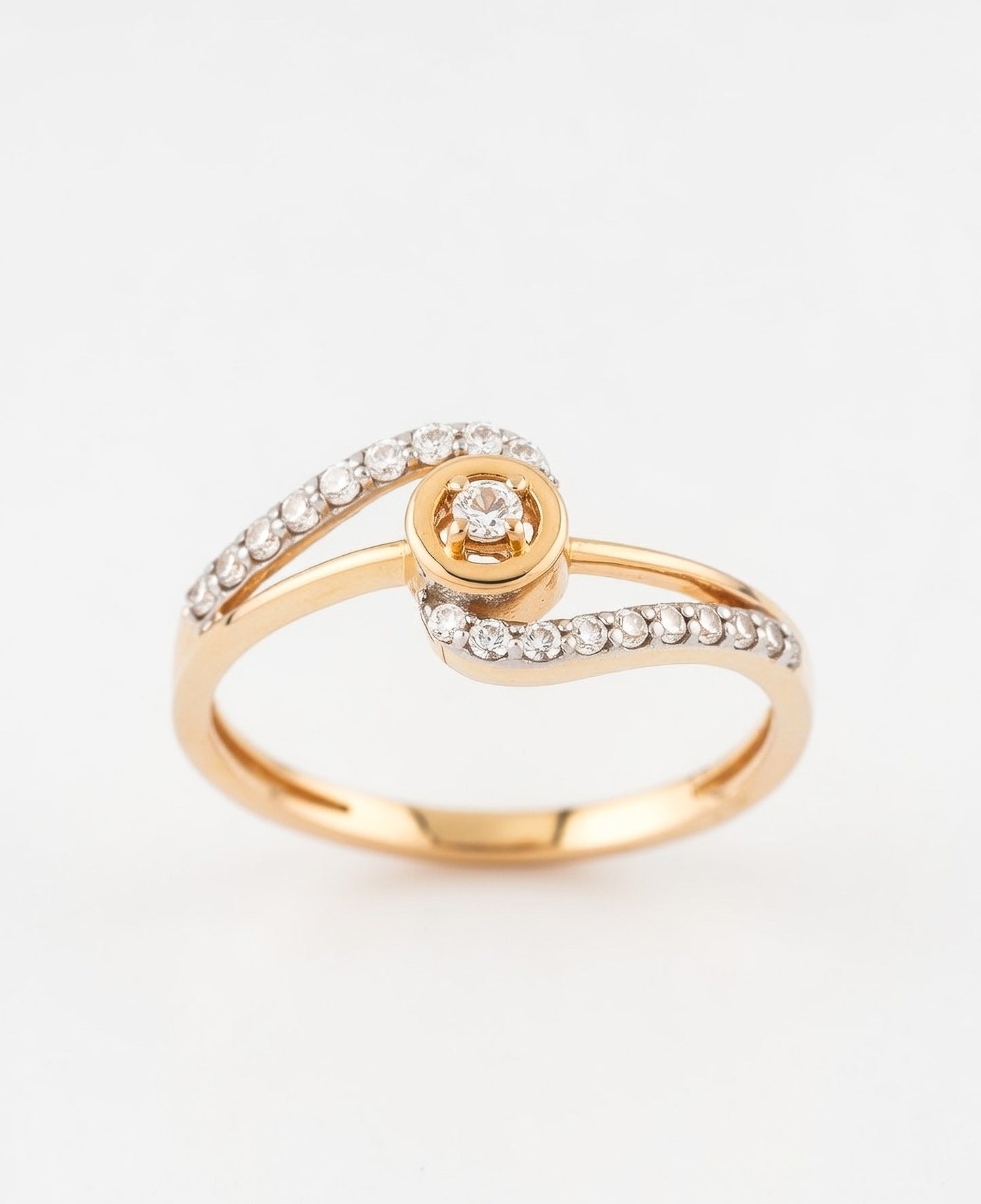 18K Gold Plated Circular Solitaire Ring | Cubic Zirconia Wave Bypass Statement Ring