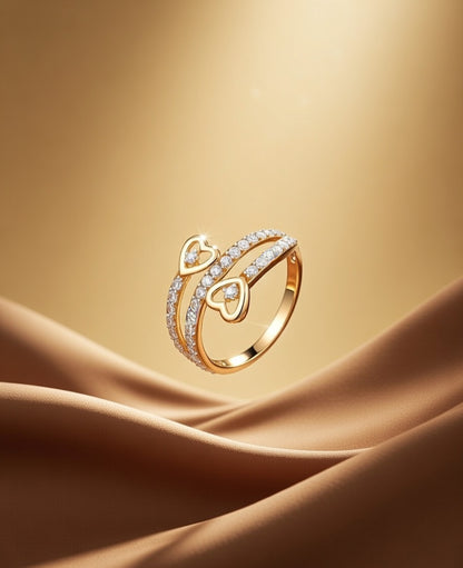 18Kt Gold Plated Twin Heart CZ Ring | Cubic Zirconia Double-Band Statement Ring