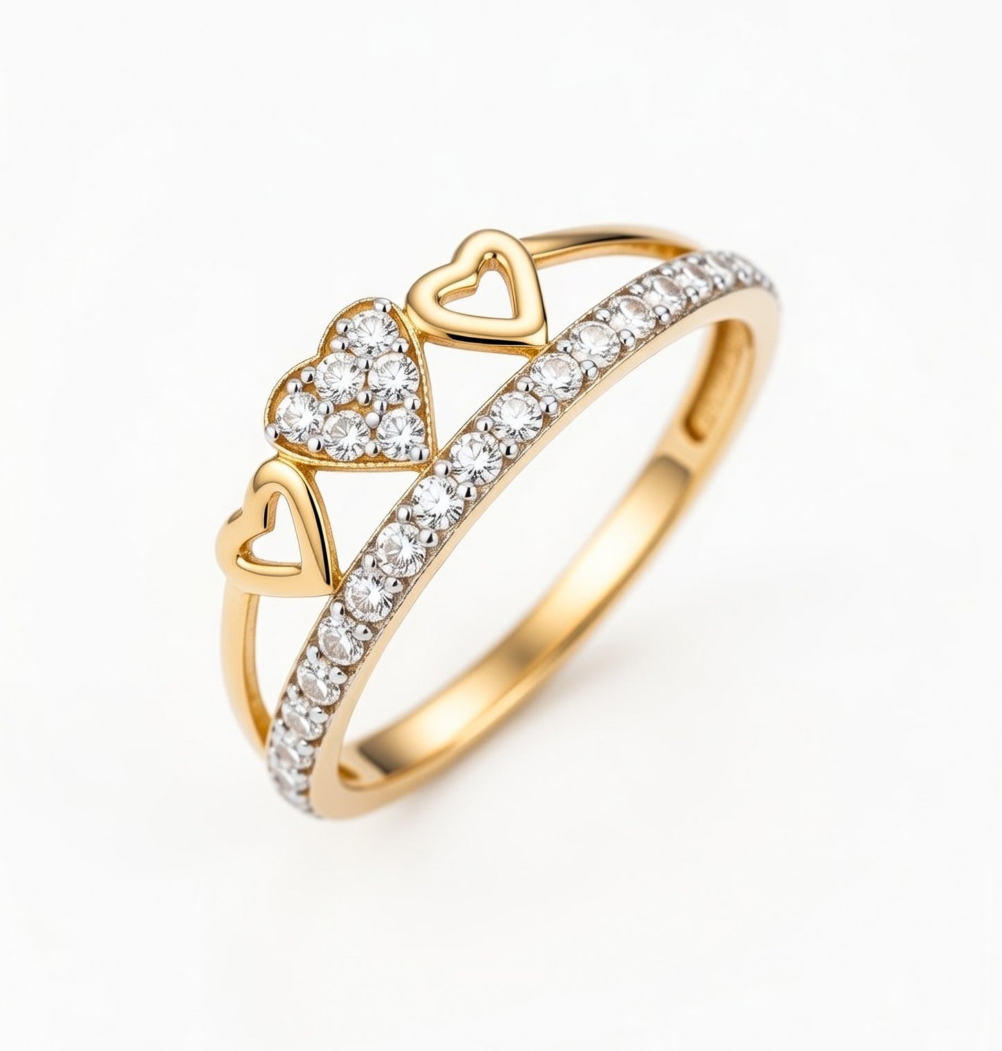 18K Gold CZ Double Heart Ring | Cubic Zirconia Heart Design Gold Ring