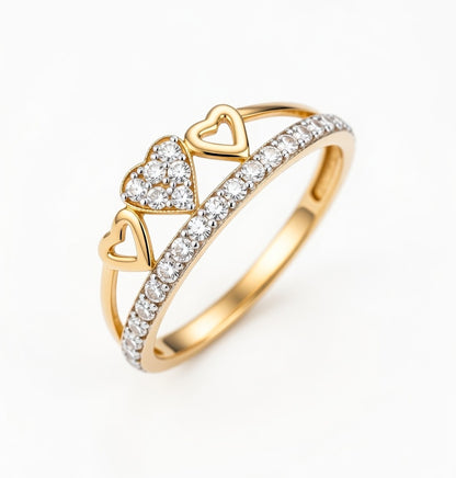 18K Gold CZ Double Heart Ring | Cubic Zirconia Heart Design Gold Ring