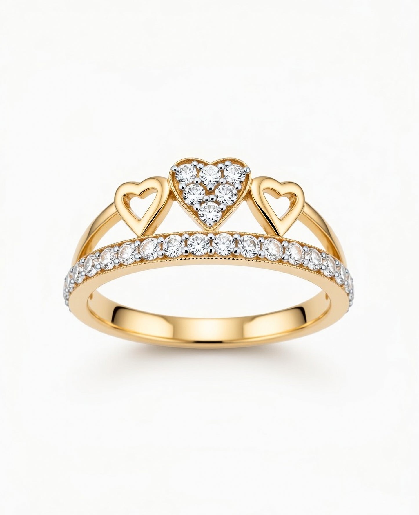 18K Gold CZ Double Heart Ring | Cubic Zirconia Heart Design Gold Ring