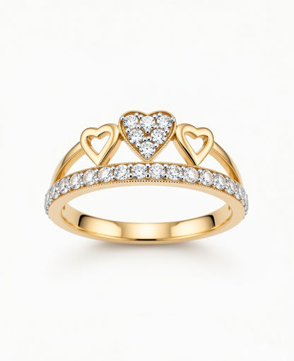 18K Gold CZ Double Heart Ring | Cubic Zirconia Heart Design Gold Ring